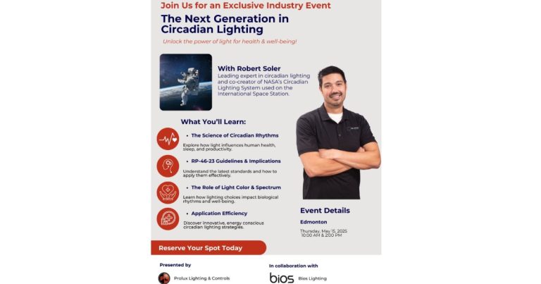 Join Prolux in Edmonton for an Exclusive Event with Robert Soler, Co-creator of NASA’s Circadian Lighting System from Bios Lighting - May 15, 2025